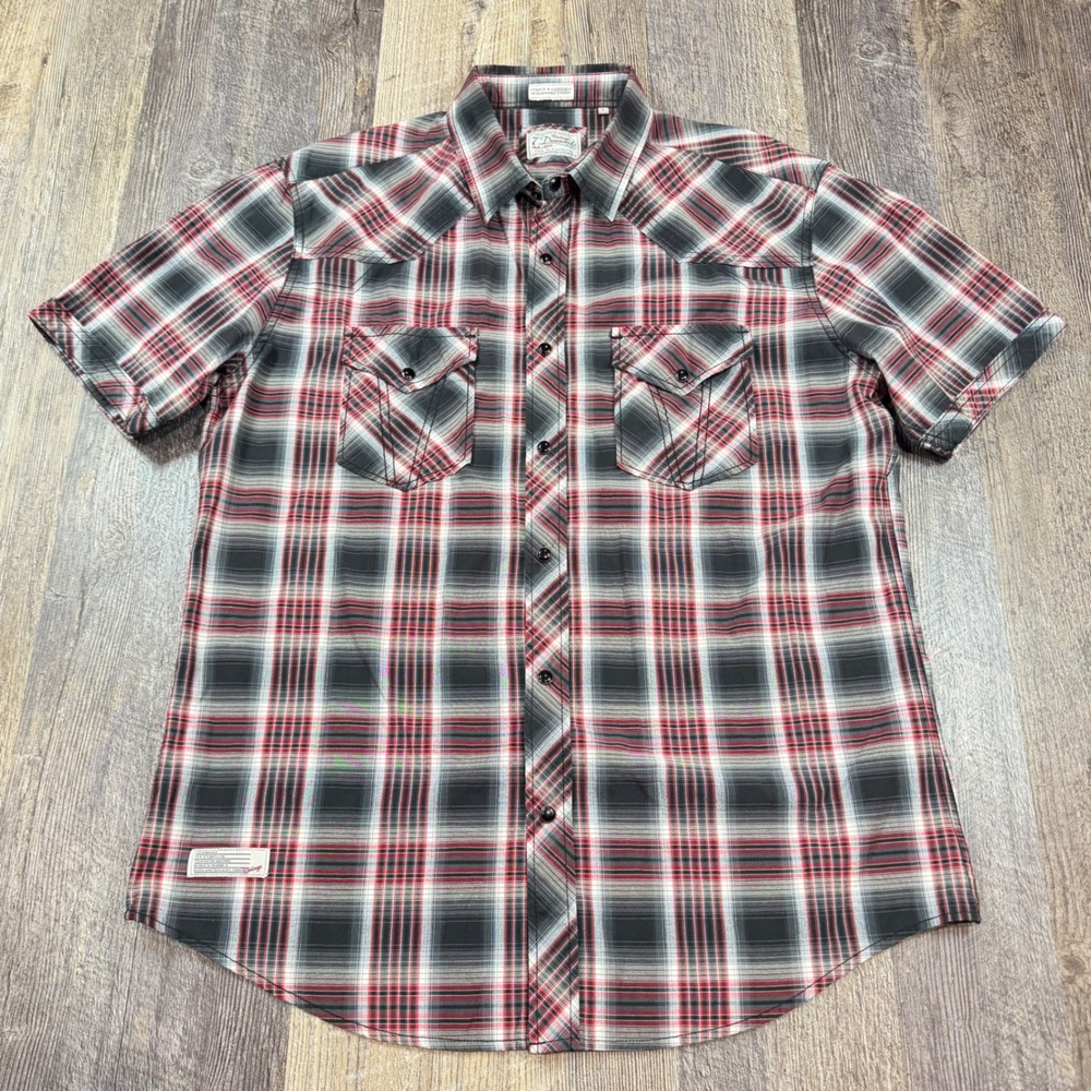 7 Diamonds Button Down Shirt Mens L Red Black Plaid Short Sleeve Western Snap
